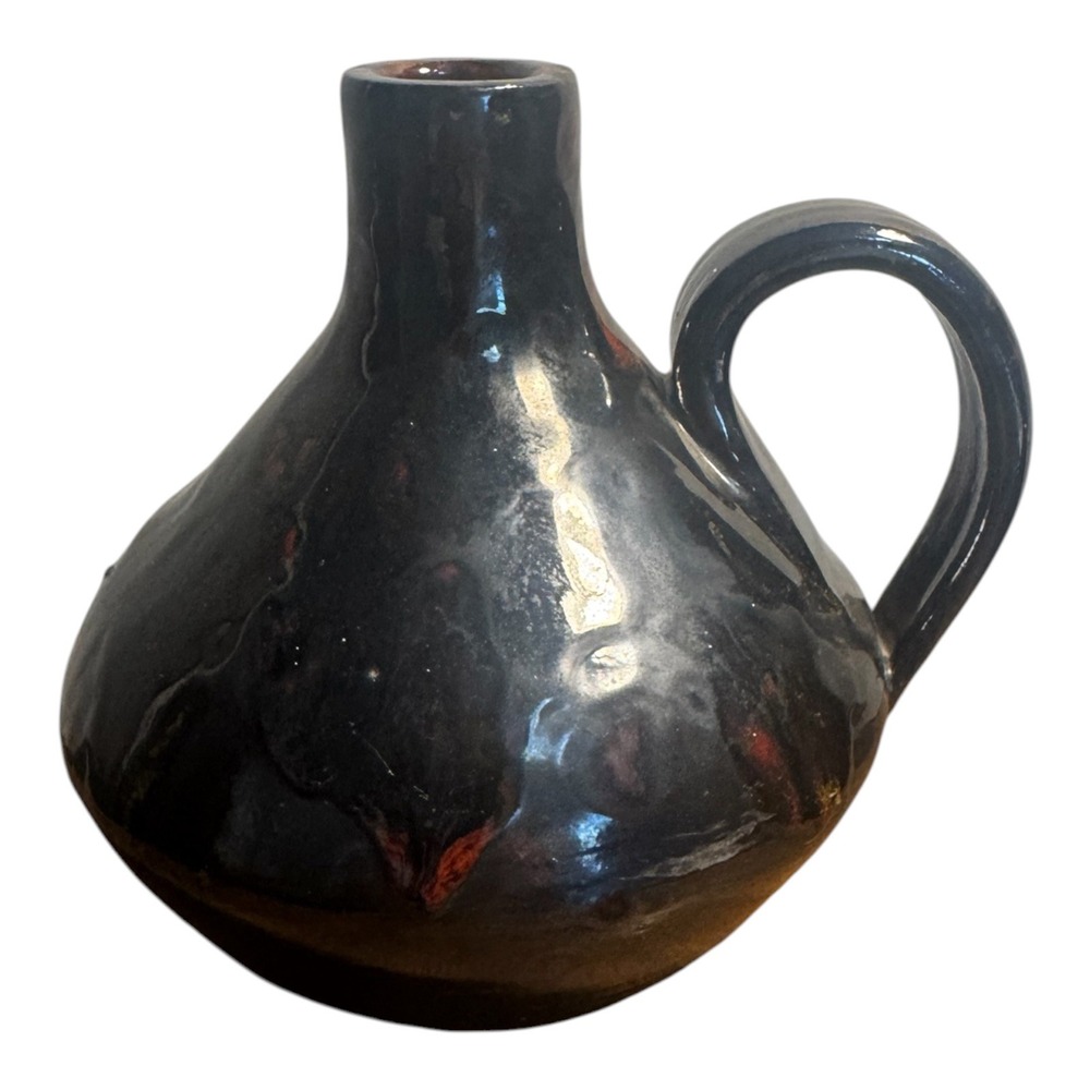 VTG MCM Black Pottery Vase Glazed Ceramic Handle Studio Art 5"x5" Signed